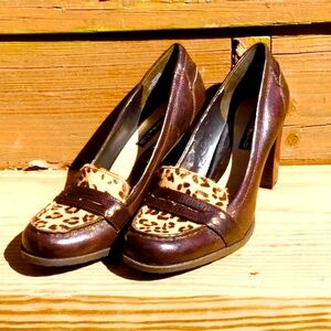 Bandolino Leather African Cheetah Fur Animal Print Penney Loafer High Heals 90’s